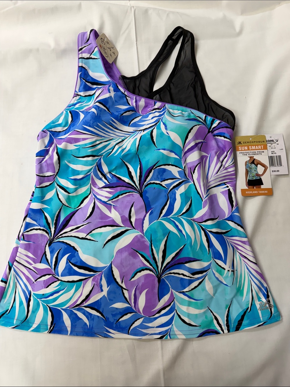 ZeroXposur Floral One-Shoulder Tankini Top in Aqua, Black & Blue women’s Medium